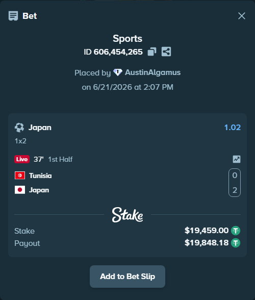 Bet slip: Tunisia - Japan, $19,478.46 stake at 1.02 odds, placed by AustinAlgamus