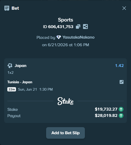 Bet slip: Tunisia - Japan, $19,752.00 stake at 1.42 odds, placed by YasutakaNakano