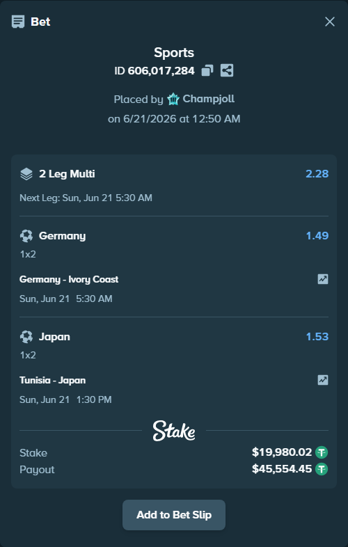Bet slip: Tunisia - Japan, $20,000.00 stake at 1.53 odds, placed by Champjoll