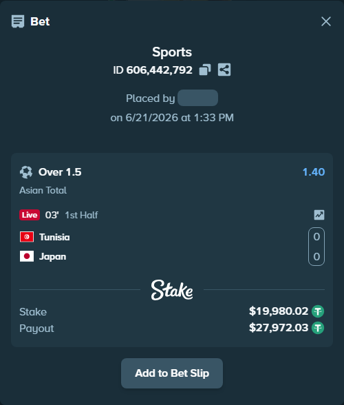 Bet slip: Tunisia - Japan, $20,000.00 stake at 1.40 odds, placed by Jackpoor