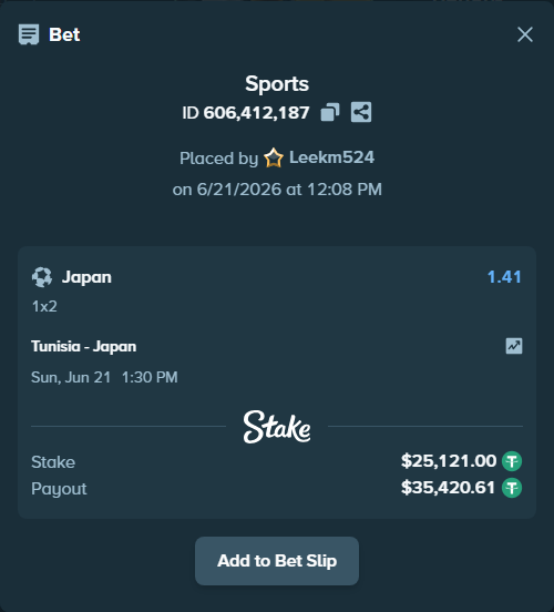 Bet slip: Tunisia - Japan, $25,146.12 stake at 1.41 odds, placed by Leekm524