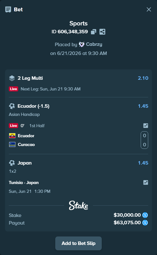 Bet slip: Tunisia - Japan, $30,000.00 stake at 1.45 odds, placed by Cabrzy