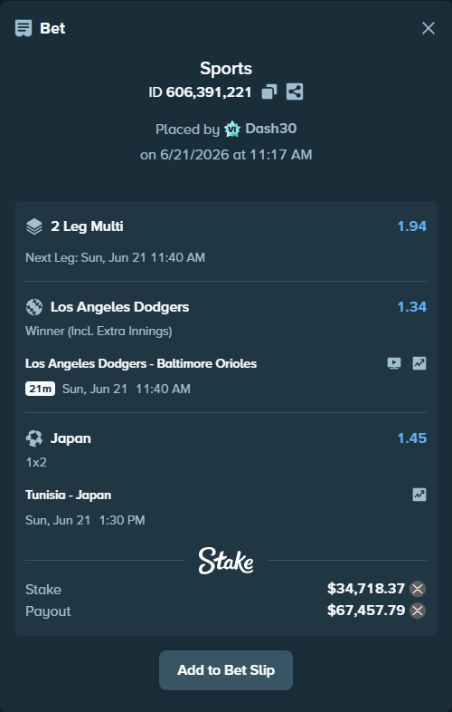 Bet slip: Tunisia - Japan, $31,335.52 stake at 1.45 odds, placed by Dash30