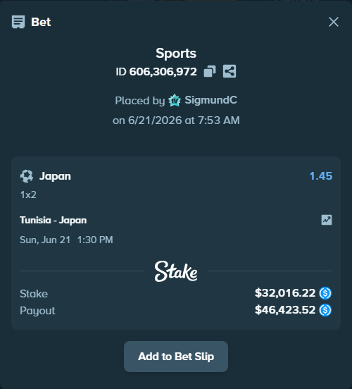Bet slip: Tunisia - Japan, $32,016.22 stake at 1.45 odds, placed by SigmundC