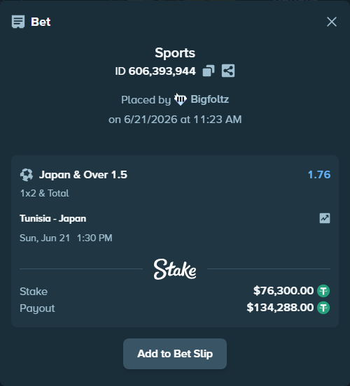 Bet slip: Tunisia - Japan, $76,376.30 stake at 1.76 odds, placed by Bigfoltz