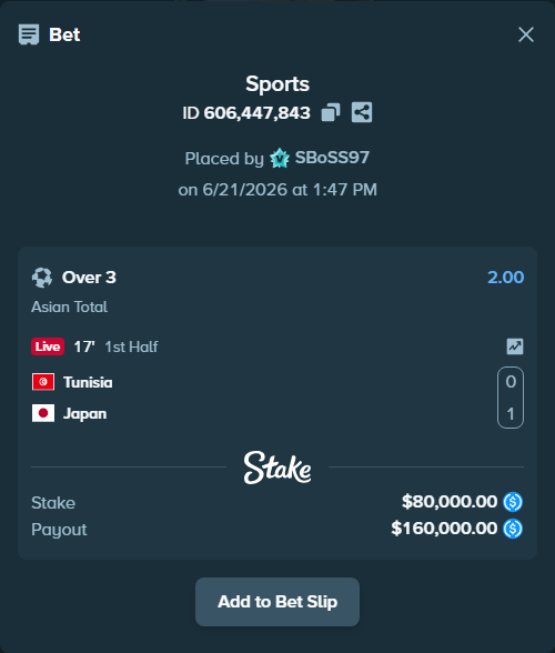 Bet slip: Tunisia - Japan, $80,000.00 stake at 2.00 odds, placed by SBoSS97