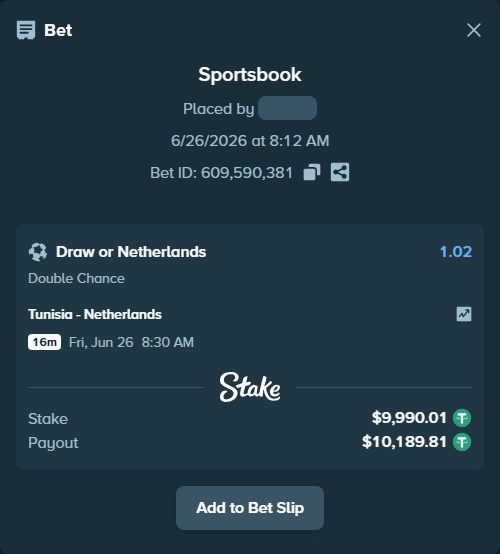 Bet slip: Tunisia - Netherlands, $10,000.00 stake at 1.02 odds, placed by criscas85