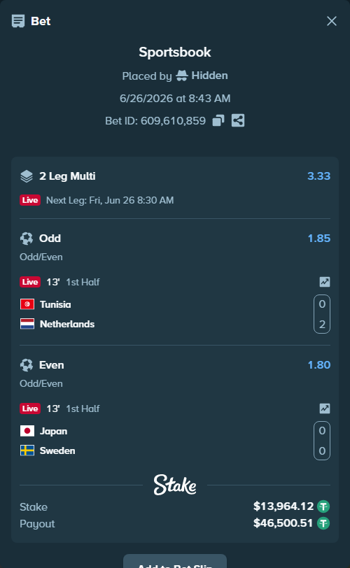 Bet slip: Tunisia - Netherlands, $13,978.08 stake at 1.85 odds, placed by Hidden