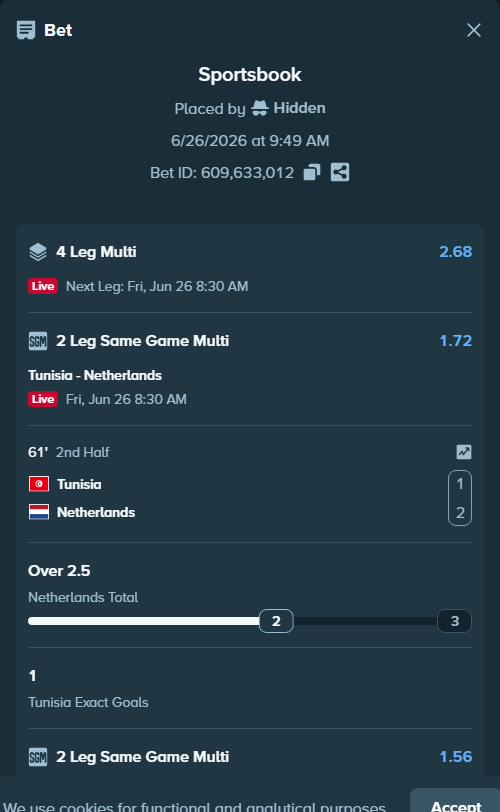 Bet slip: Tunisia - Netherlands, $19,099.44 stake at 1.35 odds, placed by Hidden