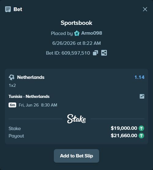 Bet slip: Tunisia - Netherlands, $19,019.00 stake at 1.14 odds, placed by Armo098