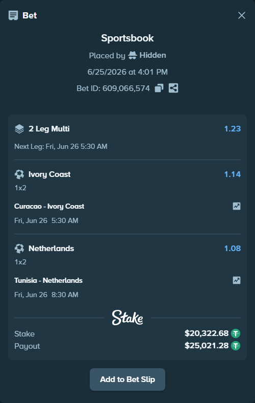 Bet slip: Tunisia - Netherlands, $20,343.00 stake at 1.08 odds, placed by Hidden
