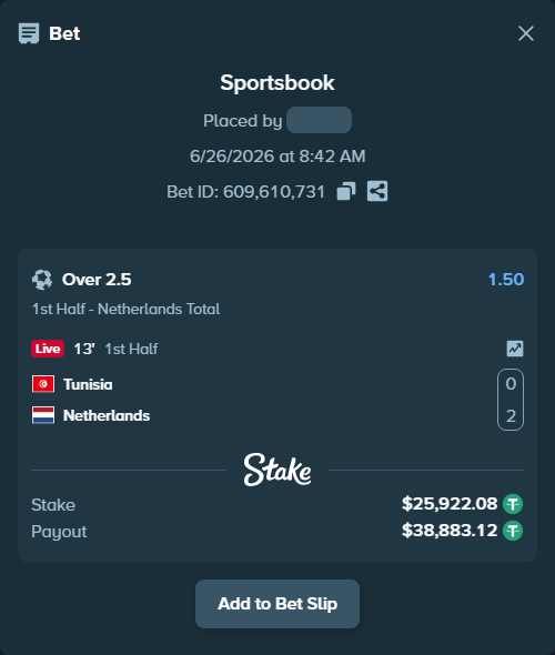 Bet slip: Tunisia - Netherlands, $25,948.00 stake at 1.50 odds, placed by xmsand