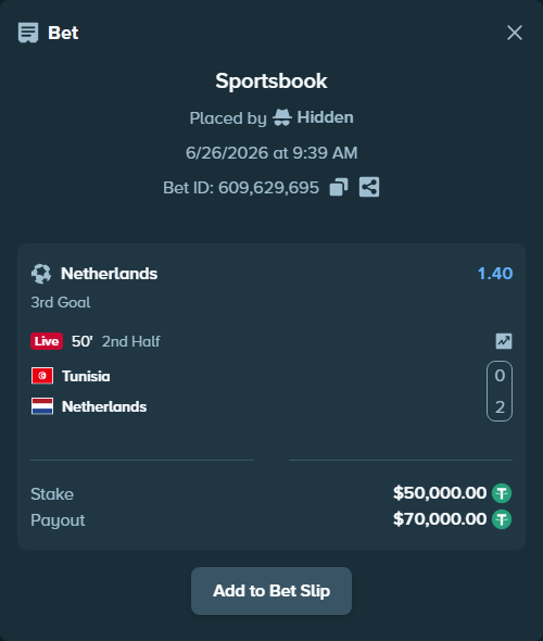 Bet slip: Tunisia - Netherlands, $50,050.00 stake at 1.40 odds, placed by Hidden