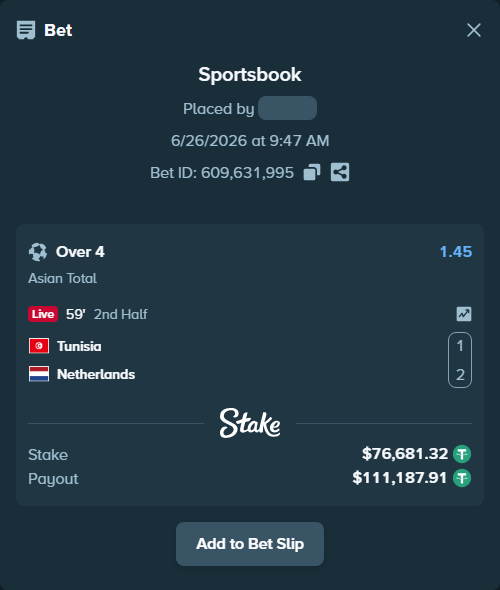 Bet slip: Tunisia - Netherlands, $76,758.00 stake at 1.45 odds, placed by xmsand