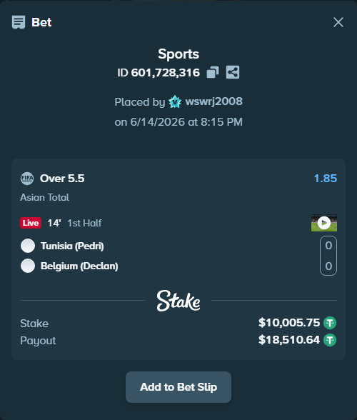Bet slip: Tunisia (Pedri) - Belgium (Declan), $10,015.76 stake at 1.85 odds, placed by wswrj2008