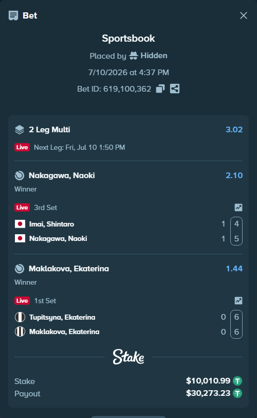 Bet slip: Tupitsyna, Ekaterina - Maklakova, Ekaterina, $10,021.00 stake at 1.44 odds, placed by Hidden