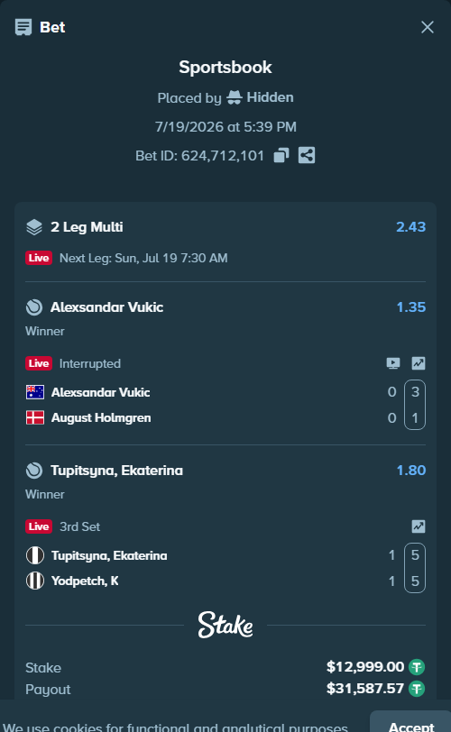 Bet slip: Tupitsyna, Ekaterina - Yodpetch, K, $12,999.00 stake at 1.80 odds, placed by Hidden