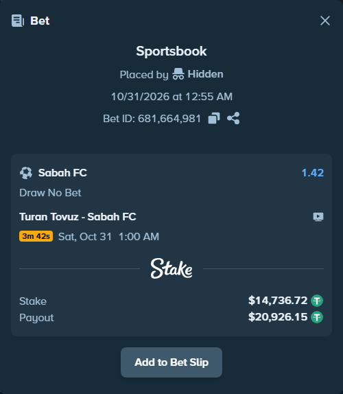 Bet slip: Turan Tovuz - Sabah Masazir, $14,766.20 stake at 1.42 odds, placed by Hidden