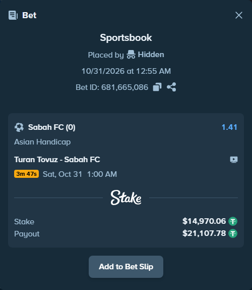 Bet slip: Turan Tovuz - Sabah Masazir, $15,000.00 stake at 1.41 odds, placed by Hidden