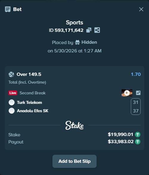 Bet slip: Turk Telekom - Anadolu Efes SK, $20,010.00 stake at 1.70 odds, placed by Hidden