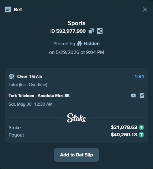 Bet slip: Turk Telekom - Anadolu Efes SK, $21,099.71 stake at 1.91 odds, placed by Hidden