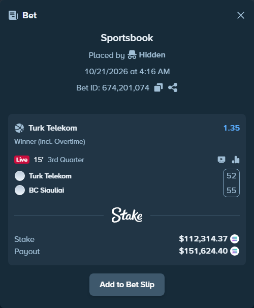 Bet slip: Turk Telekom - BC Siauliai, $111,683.04 stake at 1.35 odds, placed by Prettylfacko98