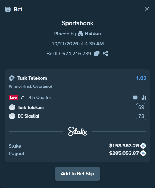 Bet slip: Turk Telekom - BC Siauliai, $156,987.48 stake at 1.80 odds, placed by Prettylfacko98