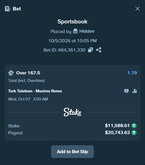 Bet slip: Turk Telekom - Maxima Roma, $11,588.61 stake at 1.79 odds, placed by Hidden