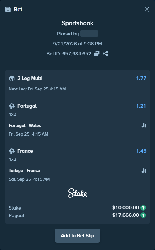 Bet slip: Turkiye - France, $10,000.00 stake at 1.46 odds, placed by Maxprof