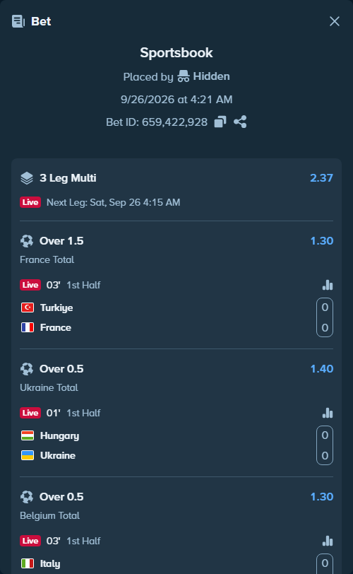 Bet slip: Turkiye - France, $10,000.00 stake at 1.30 odds, placed by roha1292