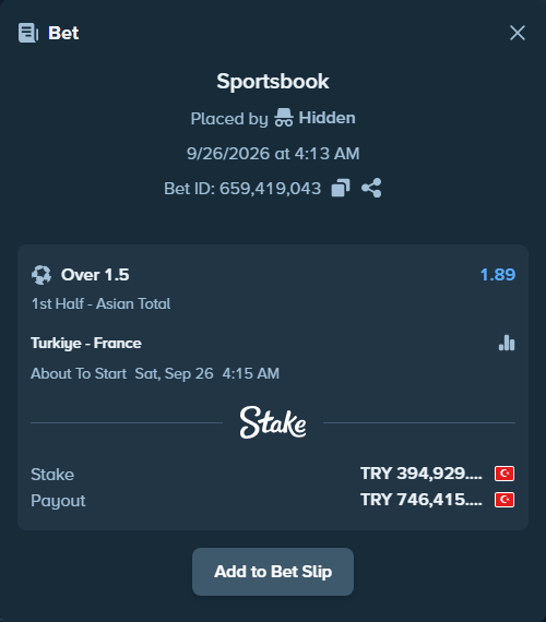 Bet slip: Turkiye - France, $11,847.87 stake at 1.89 odds, placed by emoyavuz78