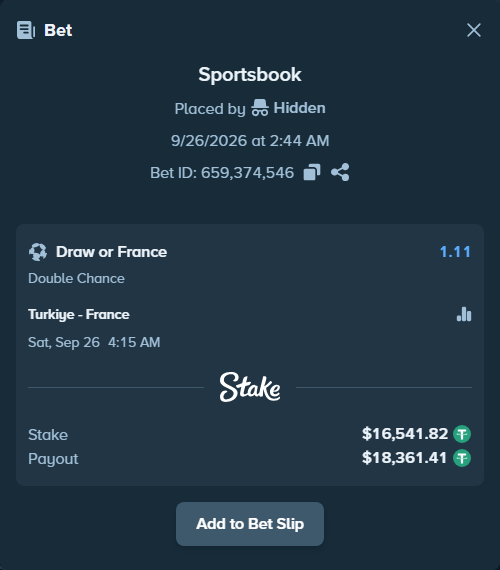 Bet slip: Turkiye - France, $16,541.82 stake at 1.11 odds, placed by uekt
