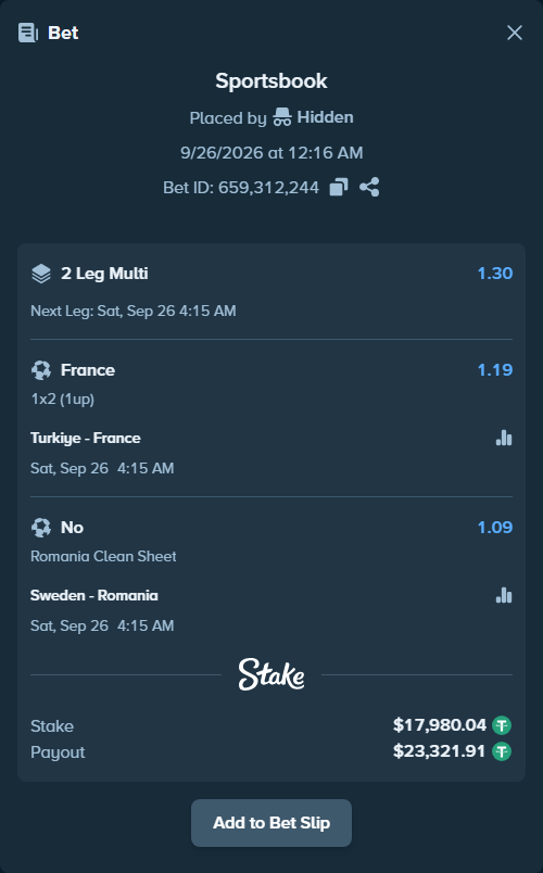 Bet slip: Turkiye - France, $17,980.04 stake at 1.19 odds, placed by Thenewdon16