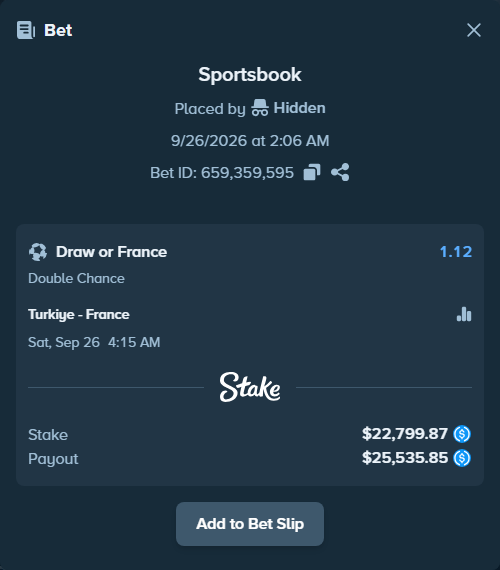 Bet slip: Turkiye - France, $22,799.87 stake at 1.12 odds, placed by PolishedRaccon