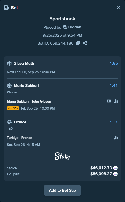 Bet slip: Turkiye - France, $46,976.20 stake at 1.31 odds, placed by Hidden