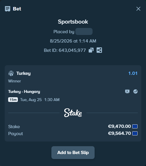 Bet slip: Turkiye - Hungary, $10,227.60 stake at 1.01 odds, placed by 4alen4