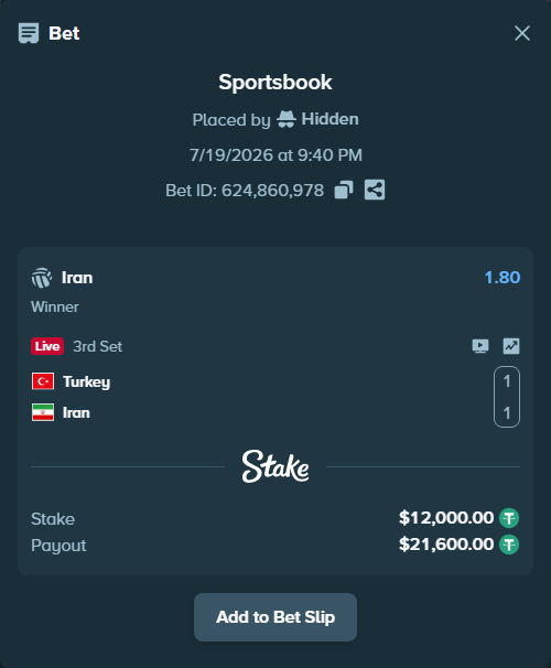 Bet slip: Turkiye - Iran, $12,000.00 stake at 1.80 odds, placed by Hidden