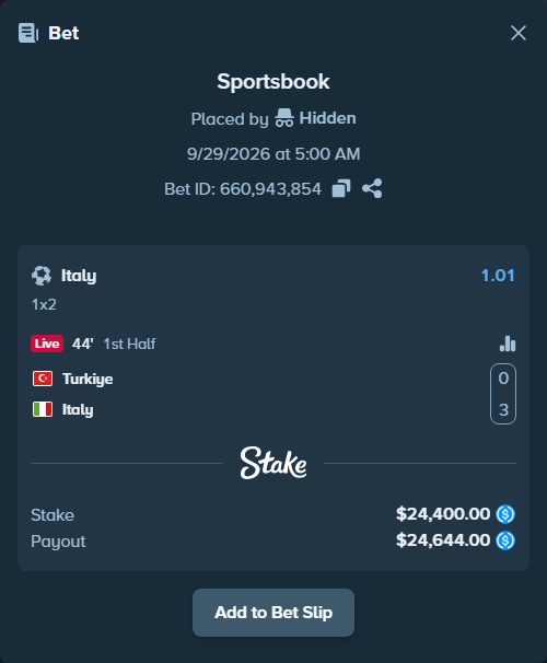 Bet slip: Turkiye - Italy, $24,400.00 stake at 1.01 odds, placed by Jannikyu