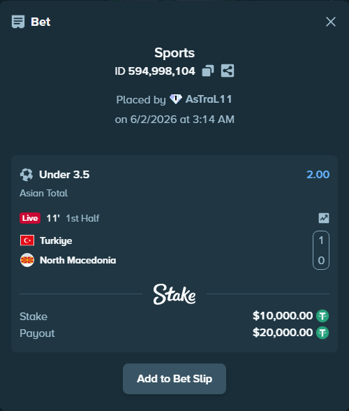 Bet slip: Turkiye - North Macedonia, $10,010.00 stake at 2.00 odds, placed by AsTraL11