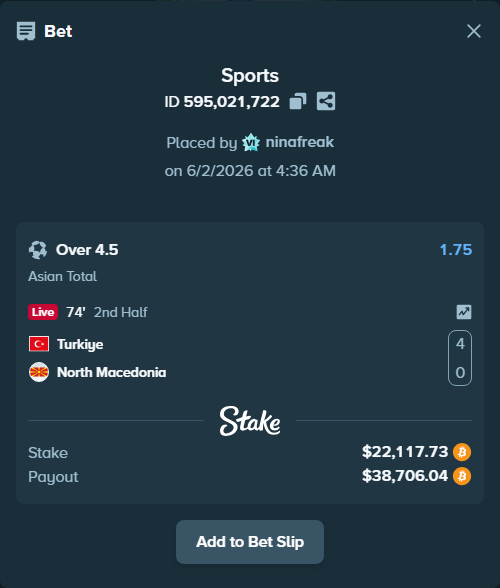 Bet slip: Turkiye - North Macedonia, $19,919.67 stake at 1.75 odds, placed by ninafreak