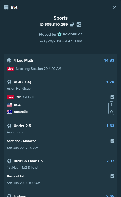 Bet slip: Turkiye - Paraguay, $17,110.00 stake at 2.65 odds, placed by Kaidou827