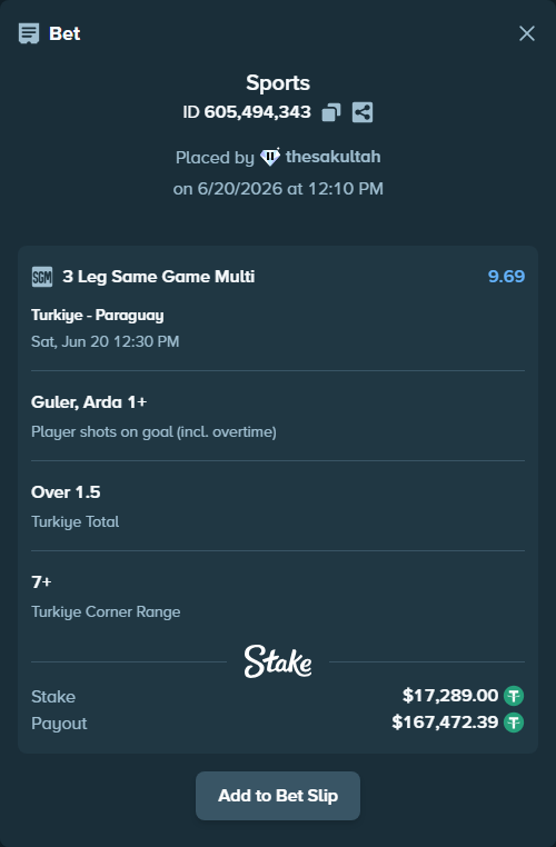 Bet slip: Turkiye - Paraguay, $17,306.29 stake at 1.42 odds, placed by thesakultah