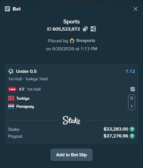 Bet slip: Turkiye - Paraguay, $33,316.28 stake at 1.12 odds, placed by fhvsports