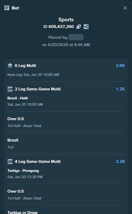 Bet slip: Turkiye - Paraguay, $72,079.36 stake at 1.43 odds, placed by Bigfoltz
