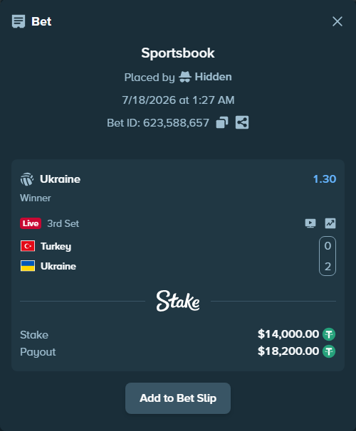 Bet slip: Turkiye - Ukraine, $14,014.00 stake at 1.30 odds, placed by JNLEE