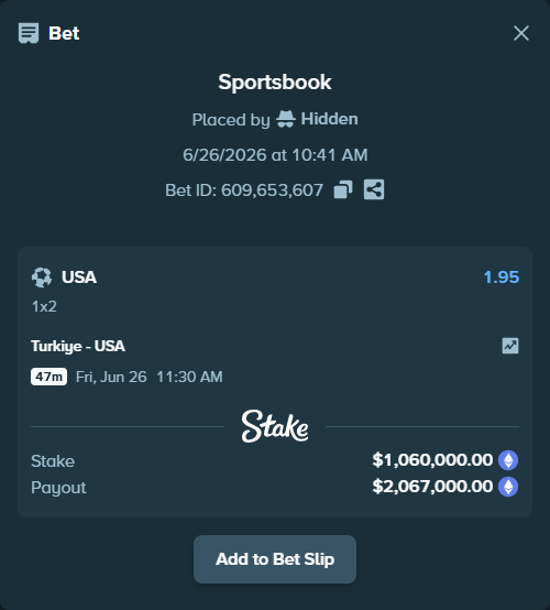 Bet slip: Turkiye - USA, $1,095,470.32 stake at 1.95 odds, placed by Hidden