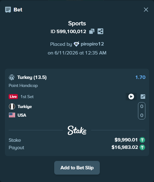 Bet slip: Turkiye - USA, $10,000.00 stake at 1.70 odds, placed by piropiro12