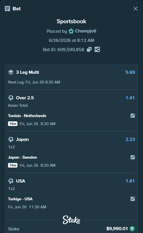 Bet slip: Turkiye - USA, $10,000.00 stake at 1.81 odds, placed by Champjoll