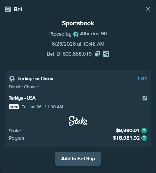 Bet slip: Turkiye - USA, $10,000.00 stake at 1.81 odds, placed by Albertosf90