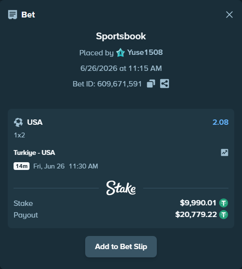 Bet slip: Turkiye - USA, $10,000.00 stake at 2.08 odds, placed by Yuse1508